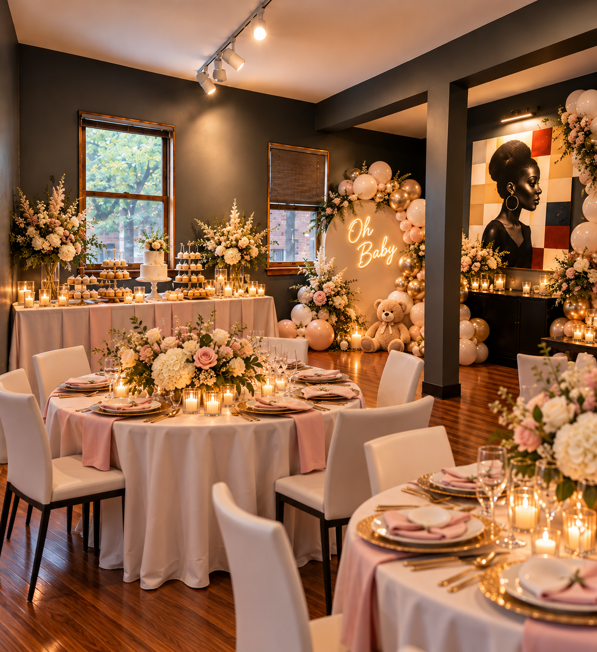 Illustrative baby shower setup at Gallery on Geyer in St. Louis.
