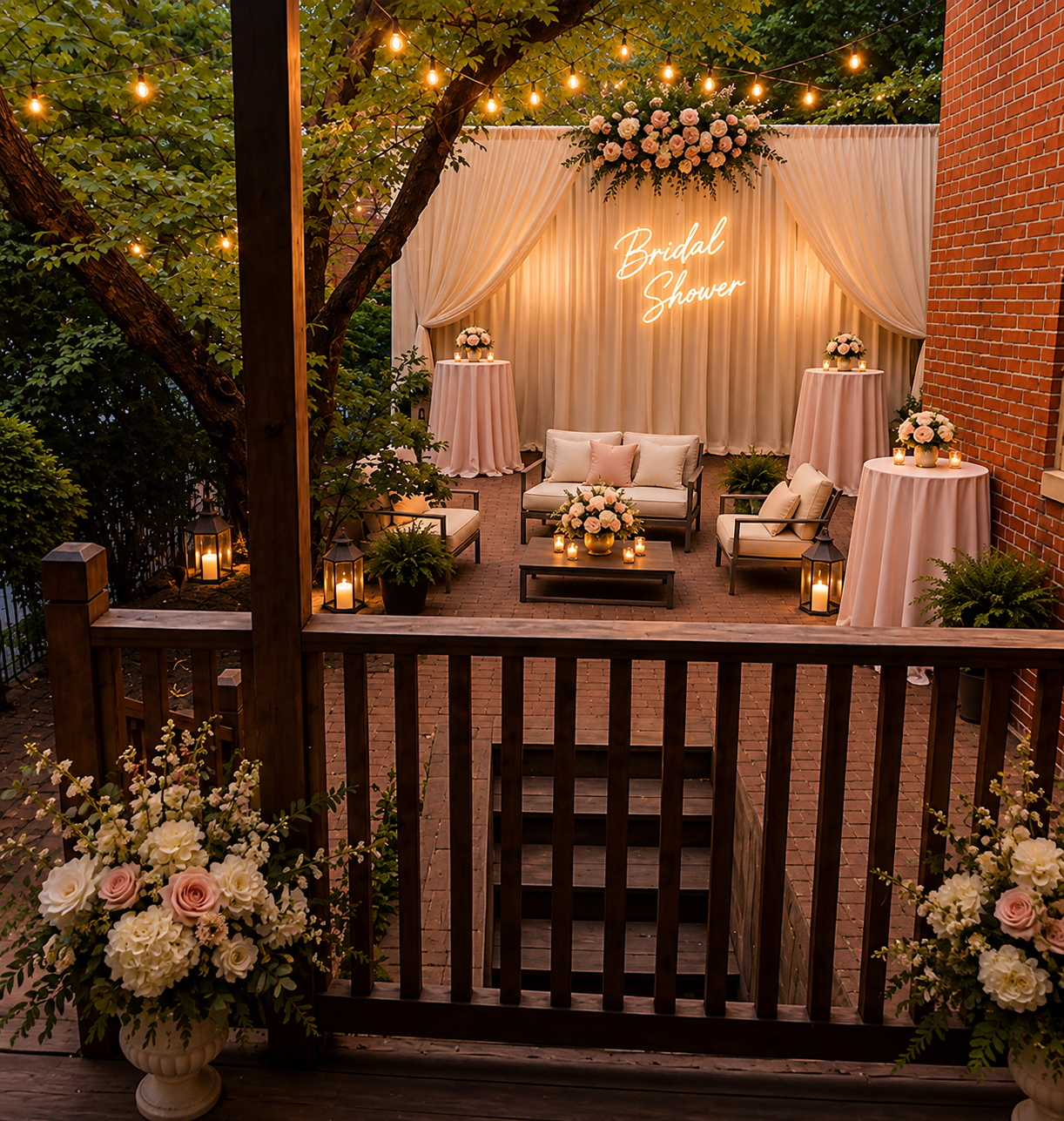 Illustrative bridal shower setup in the Gallery on Geyer Garden in St. Louis.