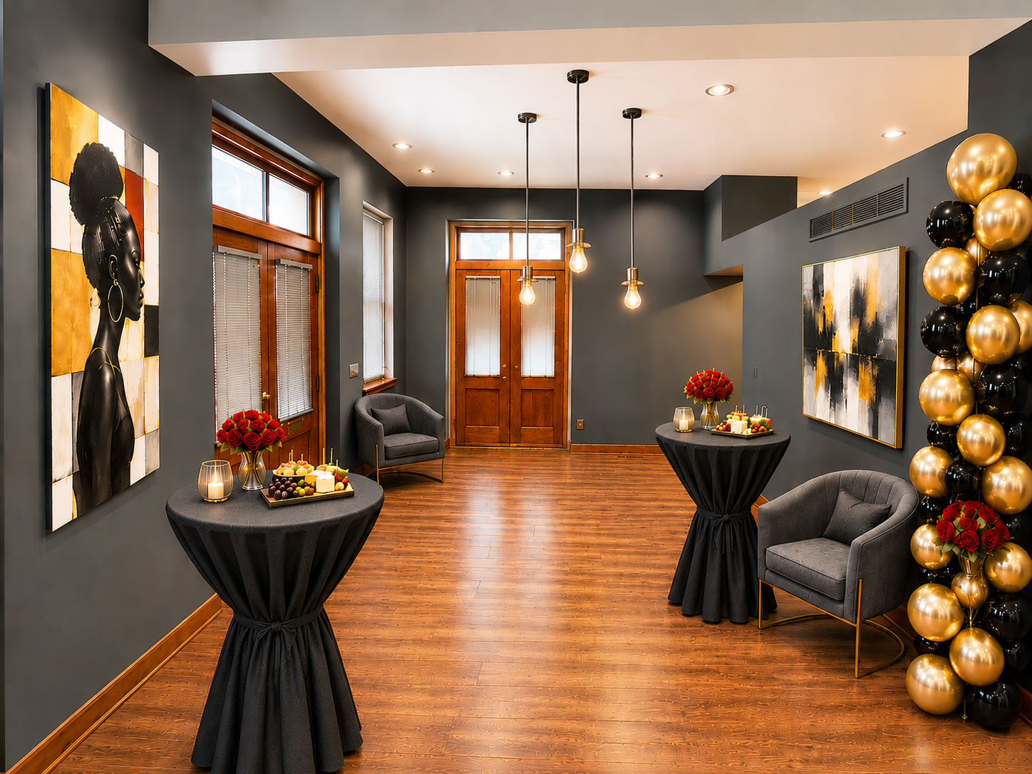 Gallery on Geyer styled for a black and gold celebration