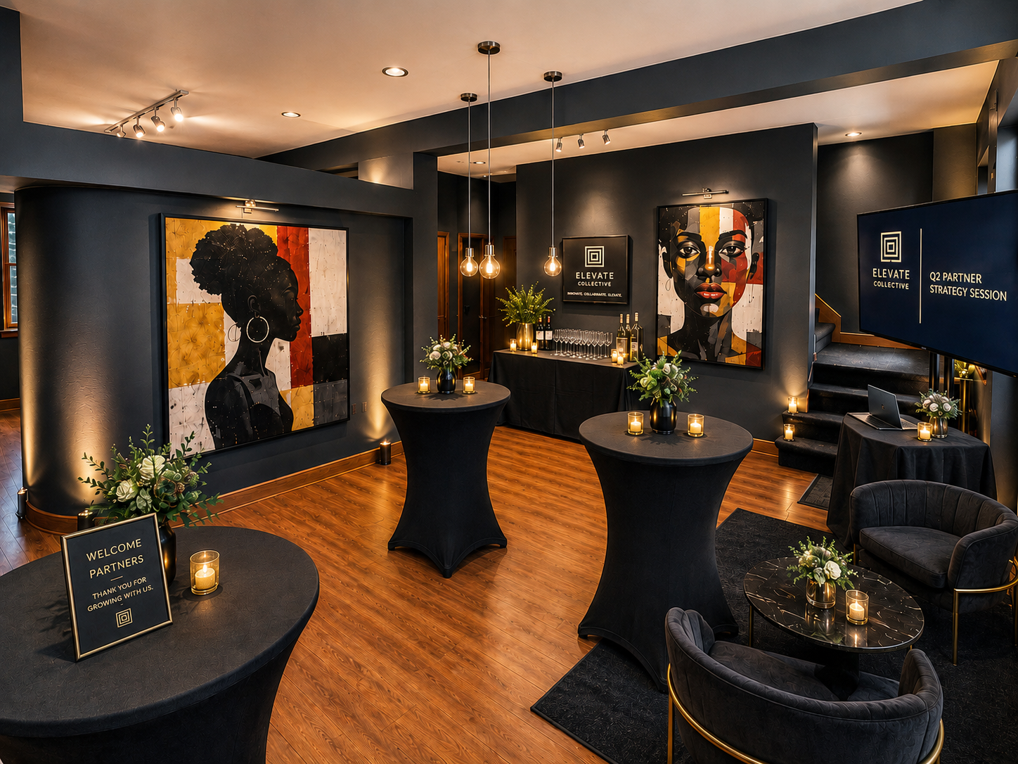 Gallery on Geyer styled with cocktail tables for a gathering