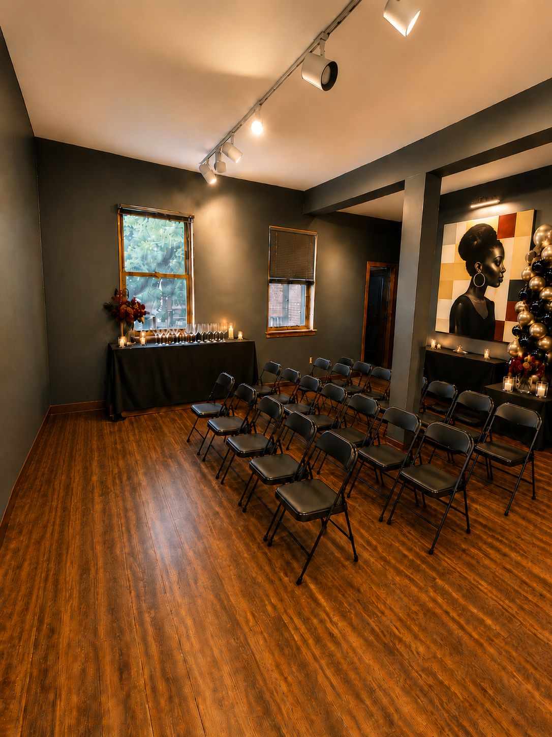 Gallery arranged with seating for a presentation