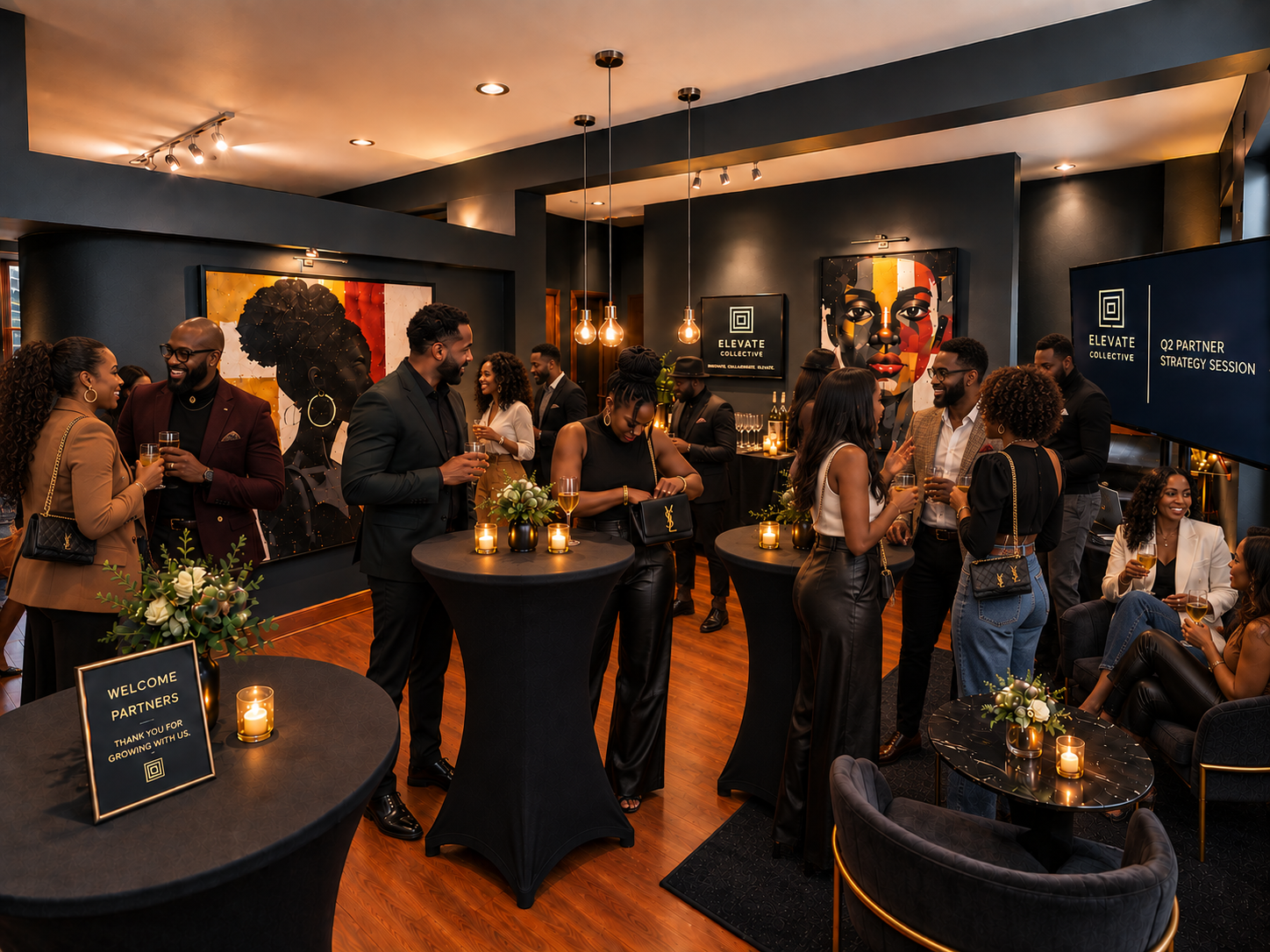Small-event setup inspiration featuring Elevate Collective branding.